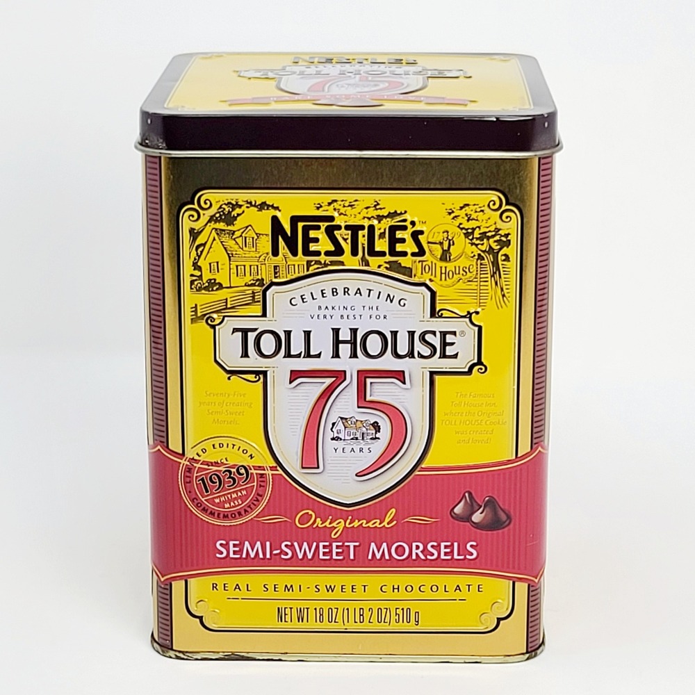 2014 Nestle Toll House Tin 75th Anniversary Canister Yellow Red 6.25 inches Good